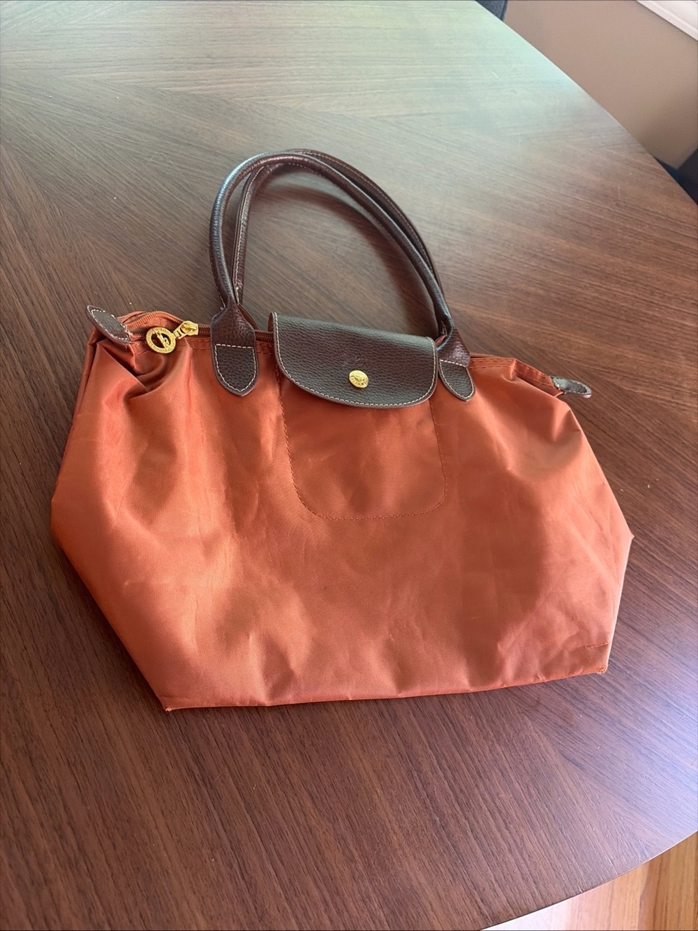 Longchamp Le Pliage Large Brick Orange Nylon Leather Tote Shoulder Bag See Pics!